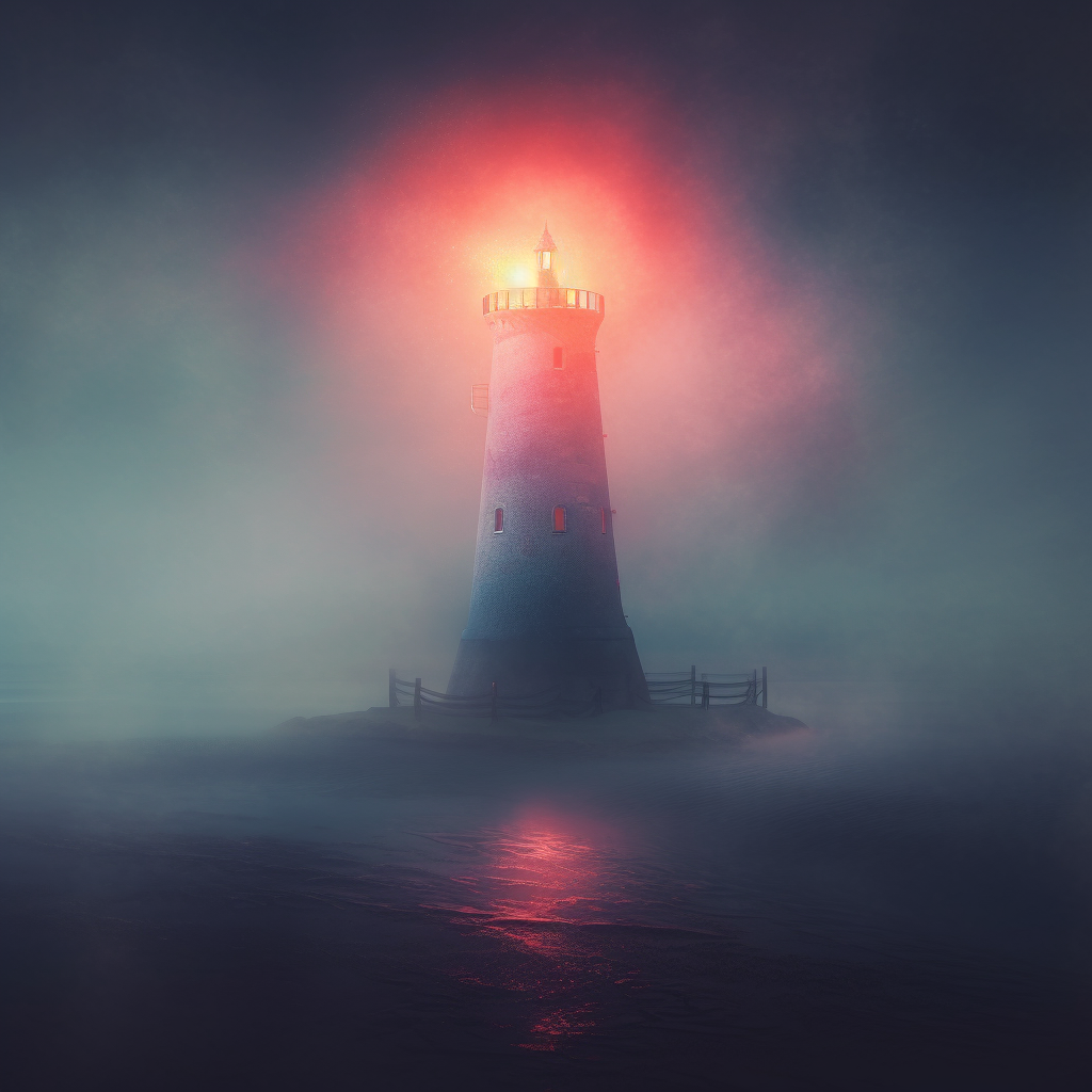 Lighthouse in the middle of a foggy dark see.