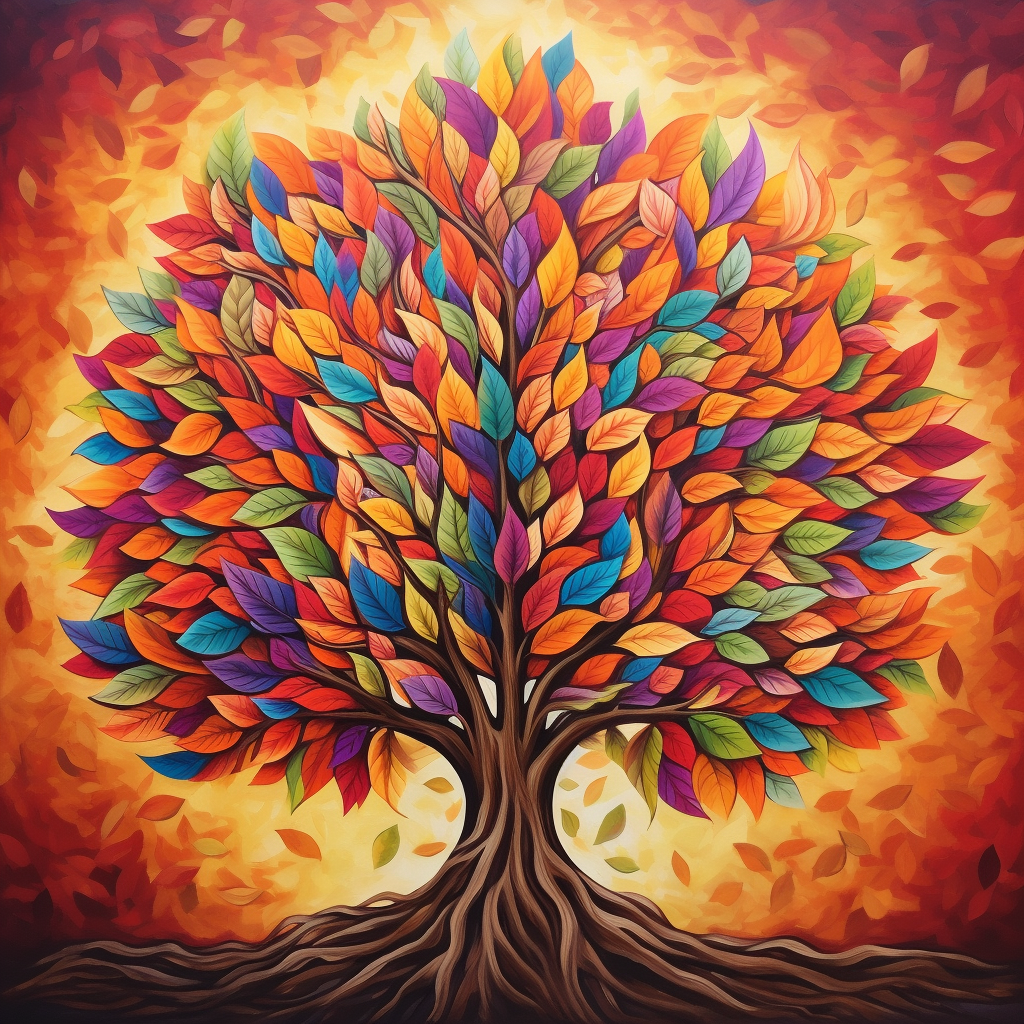 Tree with leaves with multiple colors, each representing one aspect of growth